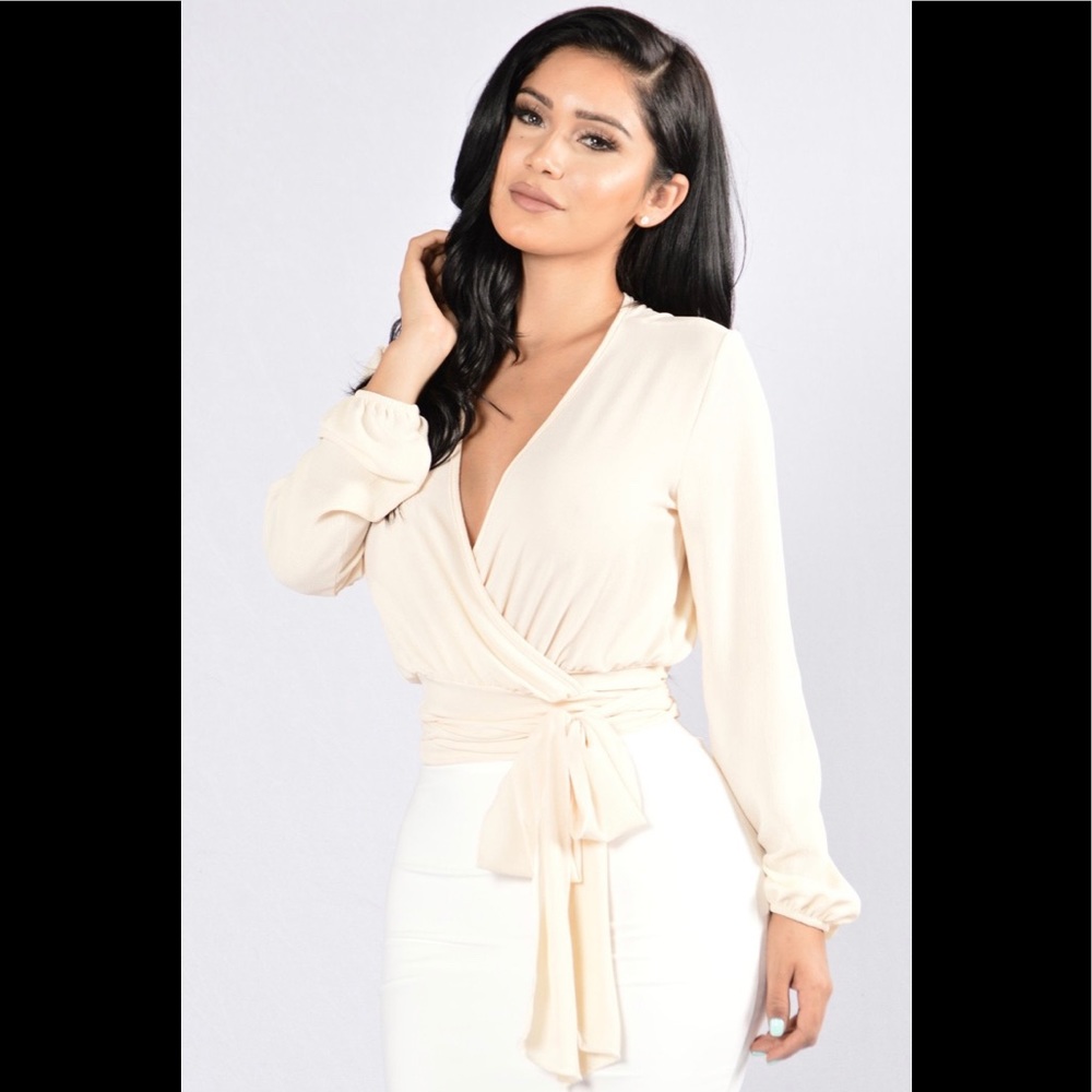 Wrap Tie Waist Ivory Long Sleeve Top